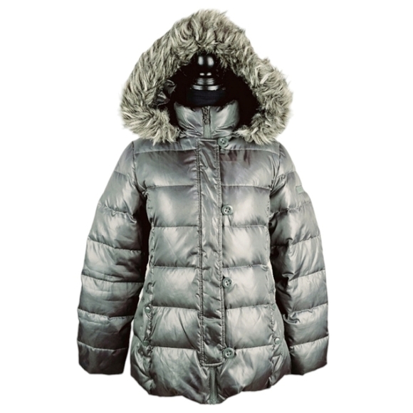DKNY Down Filled Puffer Jacket With Hood Womens Sz Small Green Faux Fur Winter - Picture 1 of 16